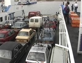 Our two cars on the ferry, laden with bikes